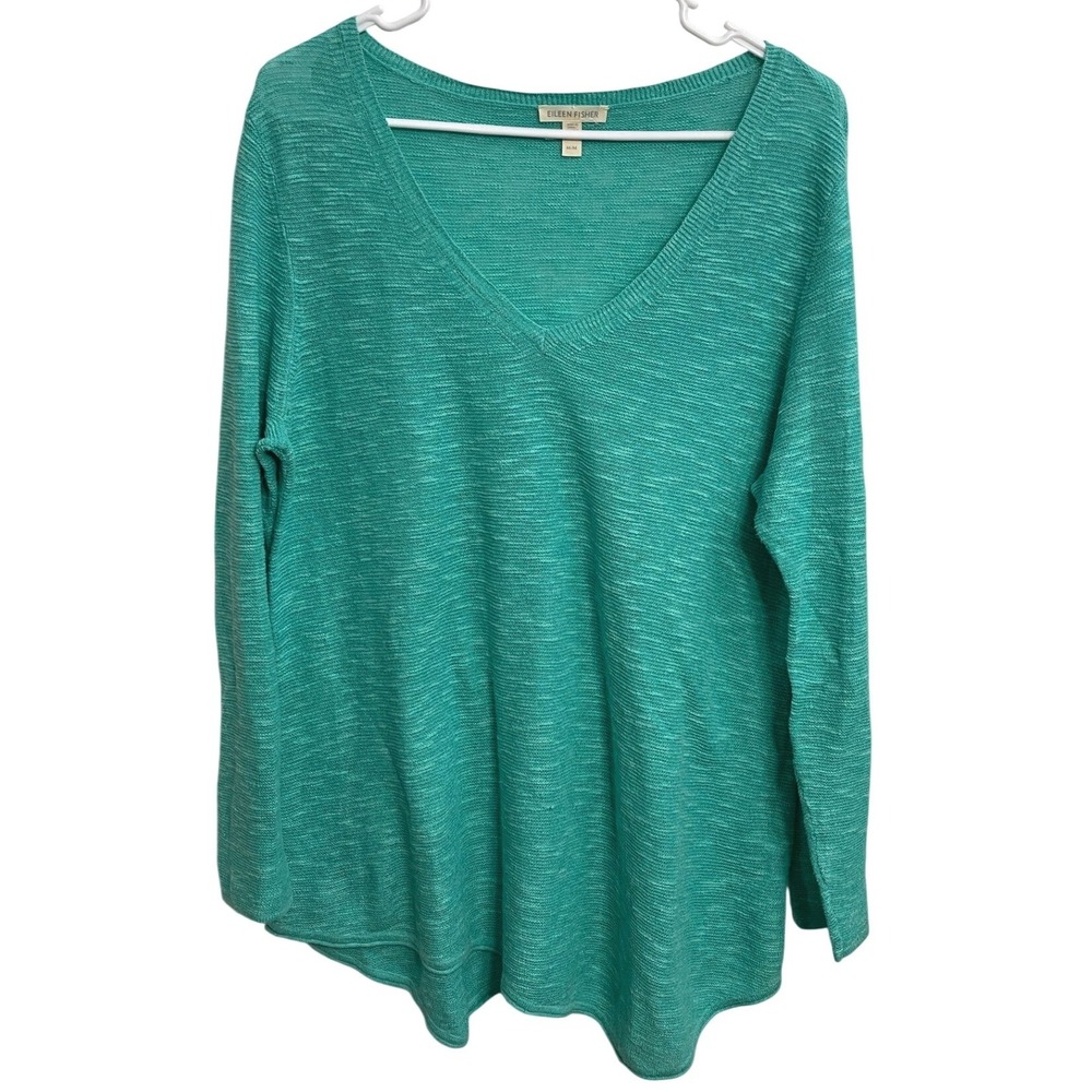 Eileen Fisher Organic Linen Cotton V-Neck Sweater Green Minimalist‎ Oversized M